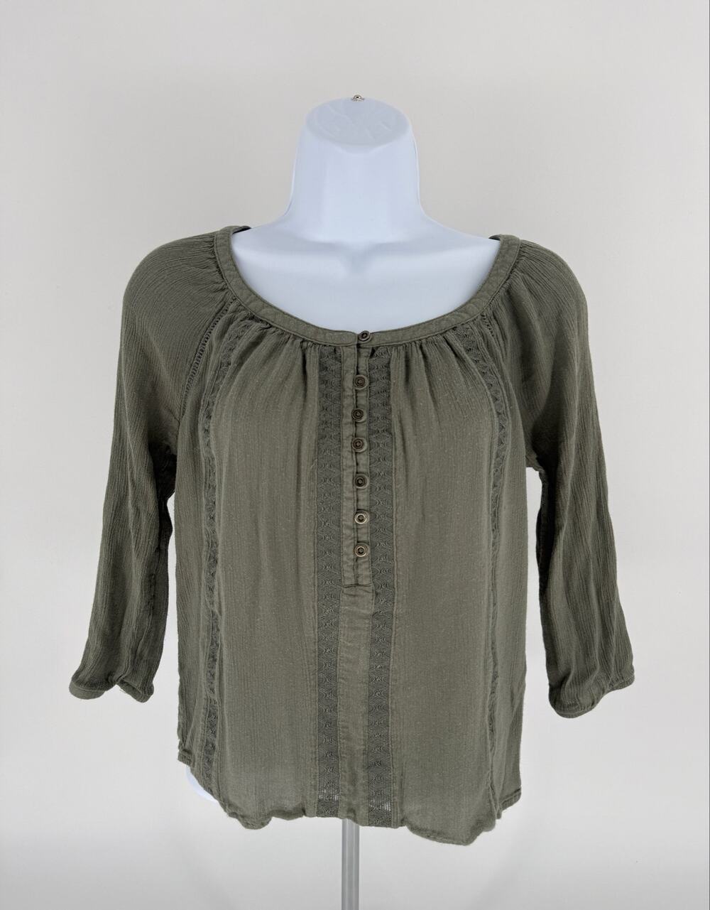 Mudd XS Olive Green Gauze Peasant Boho Henley Lace Trim Rayon Blouse